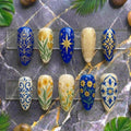 Blue Porcelain Press On Nails | Vintage Art Nouveau Almond | Gold Mini Daisy Nails | Hand Painted Art Nails | Elegant Royal Blue Nails