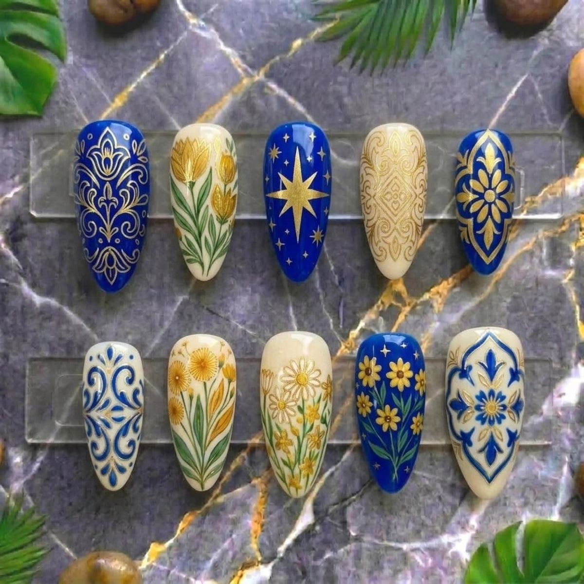Blue Porcelain Press On Nails | Vintage Art Nouveau Almond | Gold Mini Daisy Nails | Hand Painted Art Nails | Elegant Royal Blue Nails