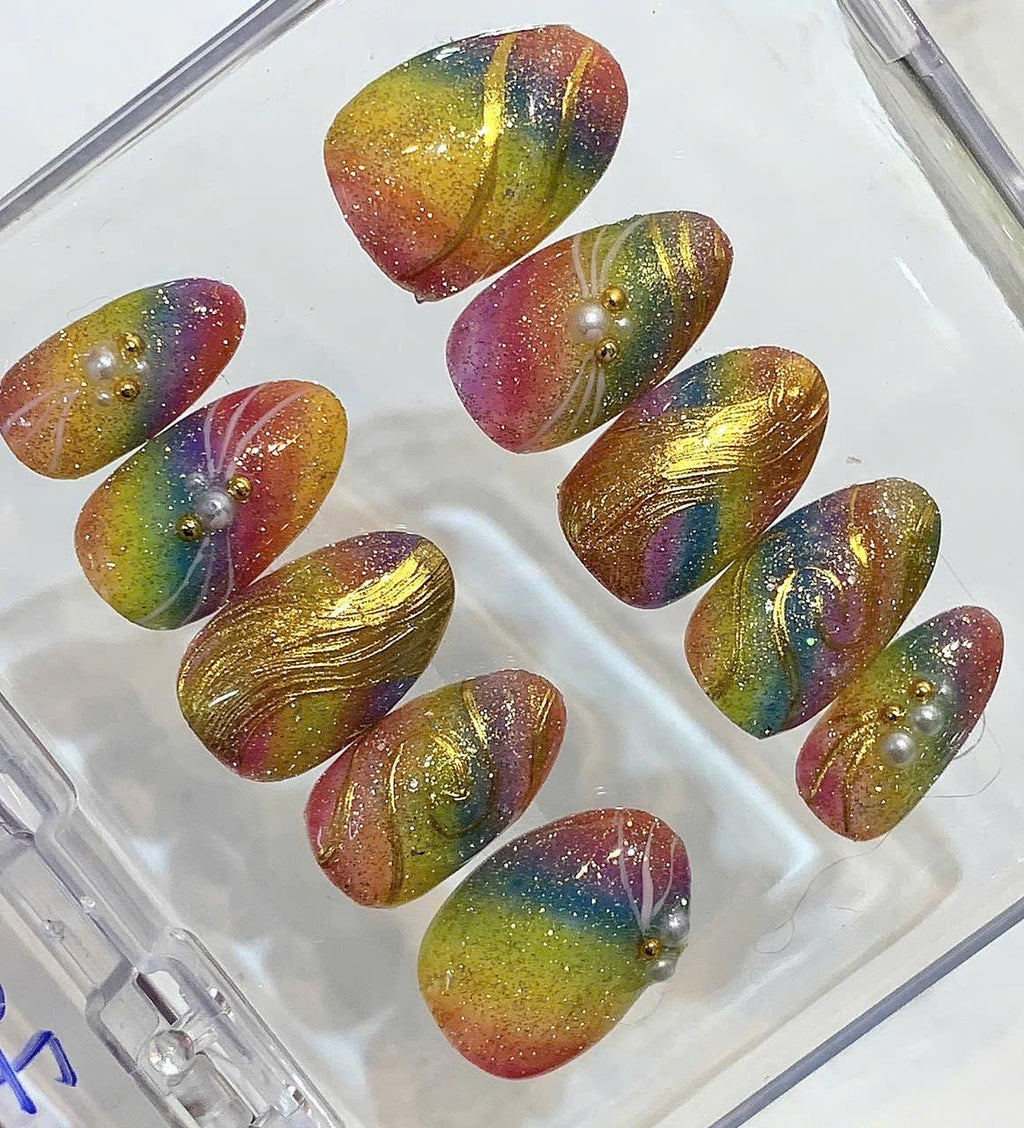 Rainbow Glitter Press On Nails – Gold Chrome Swirl Ombre Fake Nails