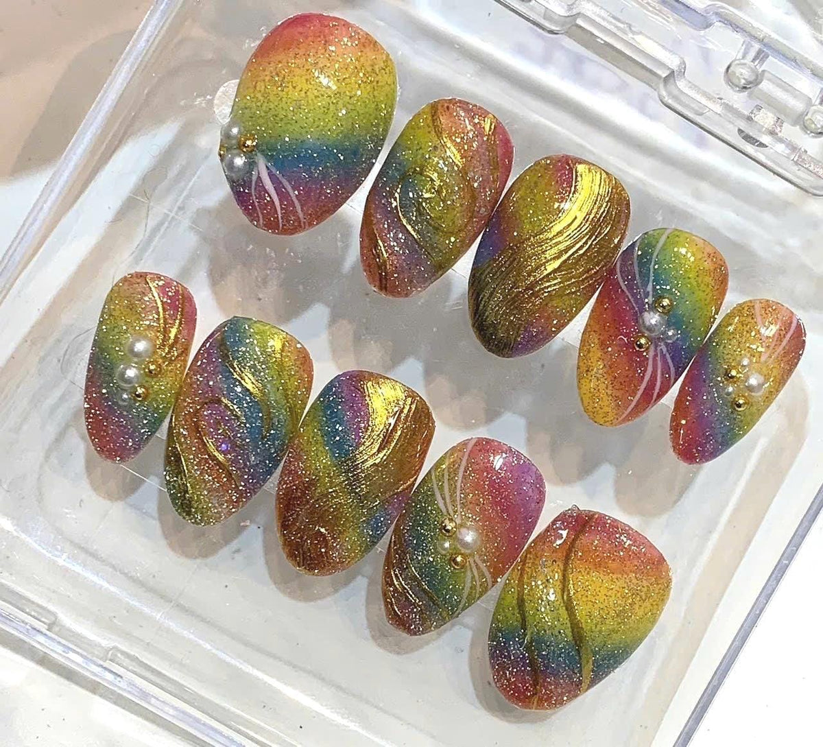Rainbow Glitter Press On Nails – Gold Chrome Swirl Ombre Fake Nails