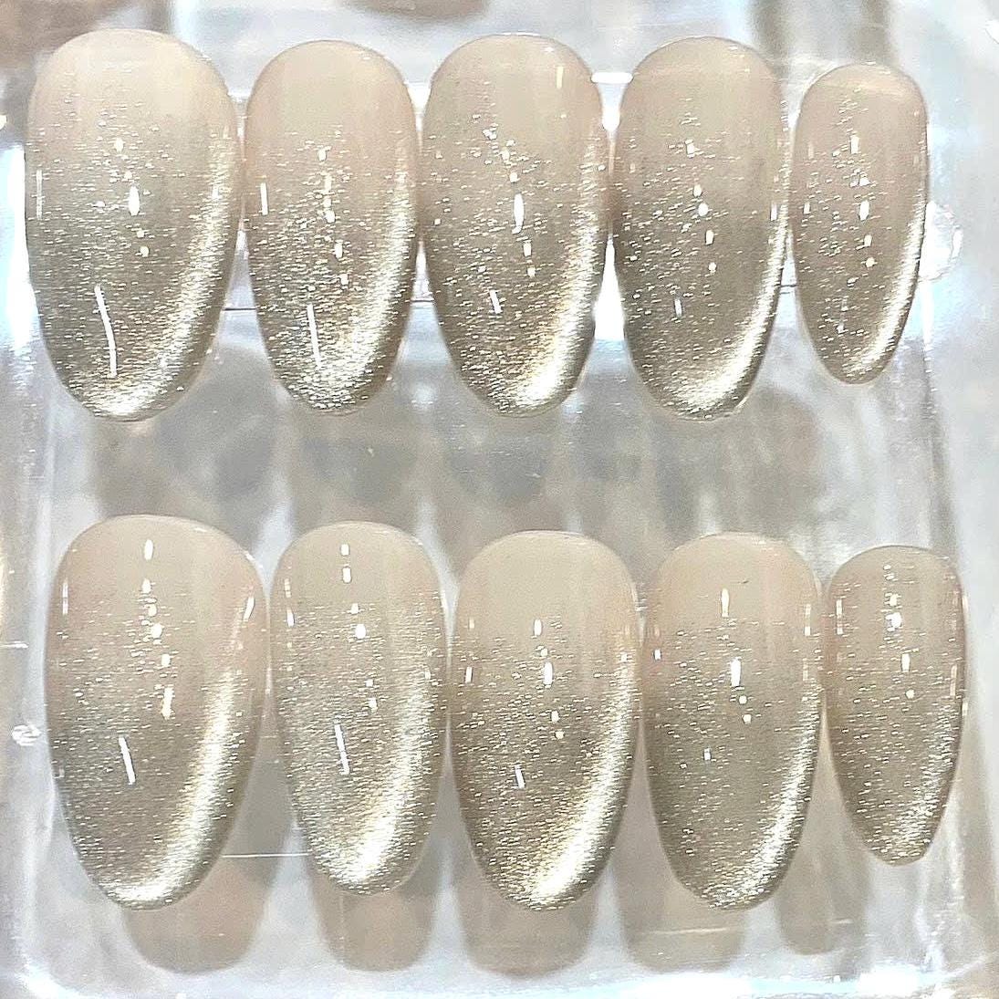 Nude Champagne Glitter Press On Nails | Oval Shape Glossy Fake Nails | Elegant Minimalist Nail Set | Reusable Nail Box Gift for Women
