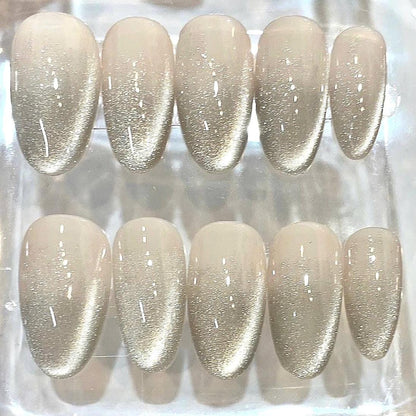 Nude Champagne Glitter Press On Nails | Oval Shape Glossy Fake Nails | Elegant Minimalist Nail Set | Reusable Nail Box Gift for Women