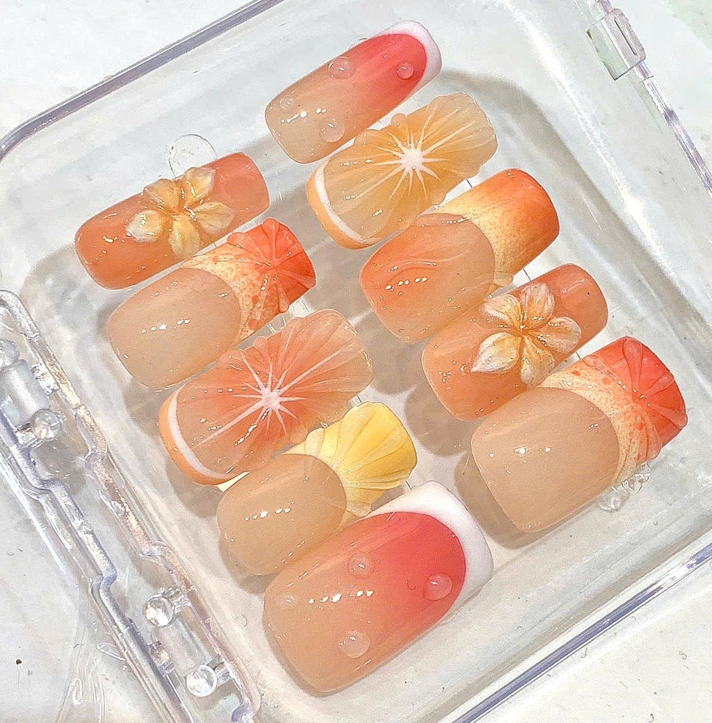 Orange Ombre 3D Flower Press On Nails | Jelly Floral Summer Vacation Set