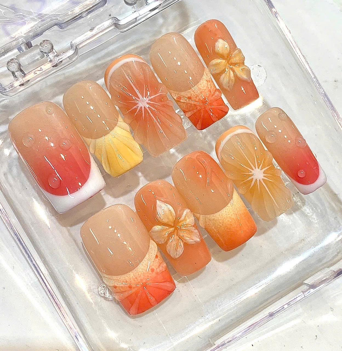 Orange Ombre 3D Flower Press On Nails | Jelly Floral Summer Vacation Set