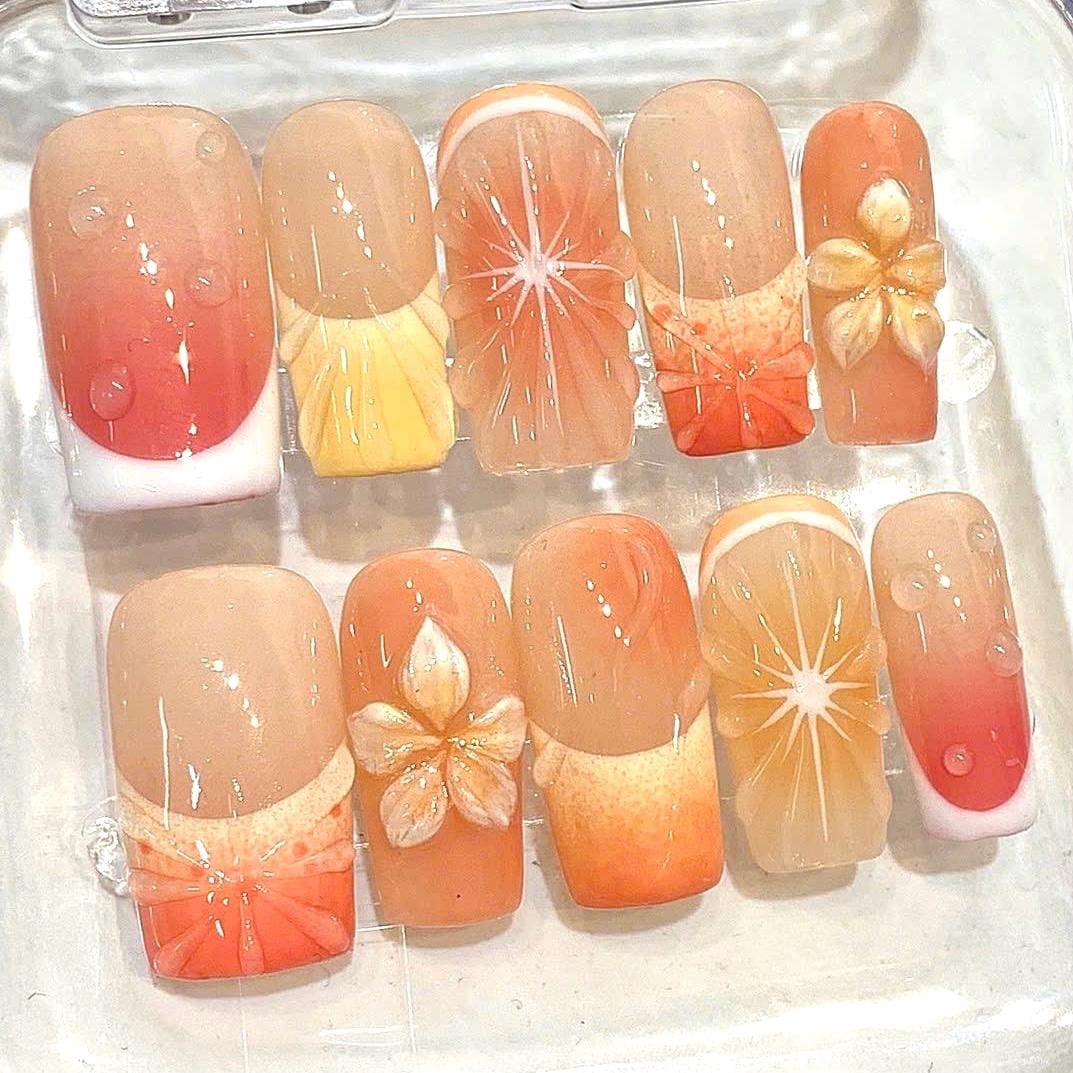 Orange Ombre 3D Flower Press On Nails | Jelly Floral Summer Vacation Set