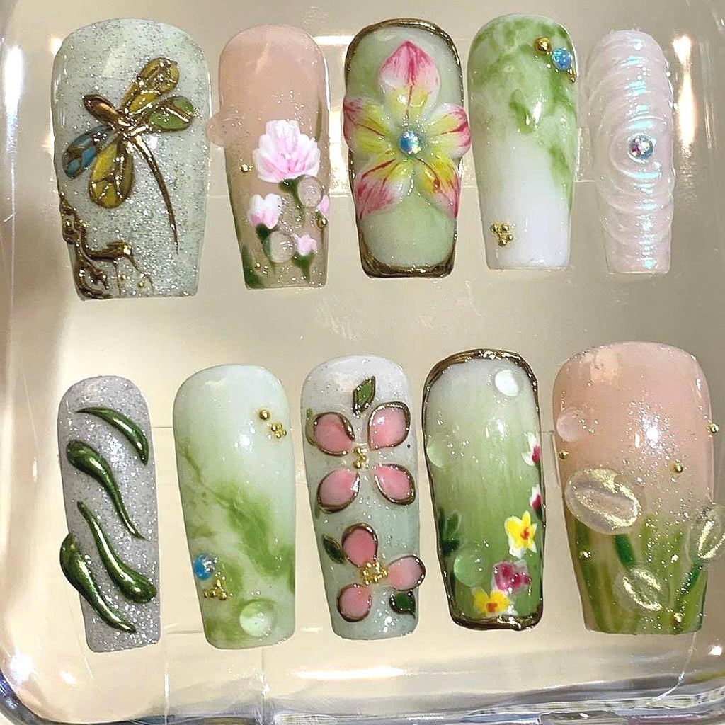 Spring Garden Press On Nails: Handmade Floral Nail Art Set