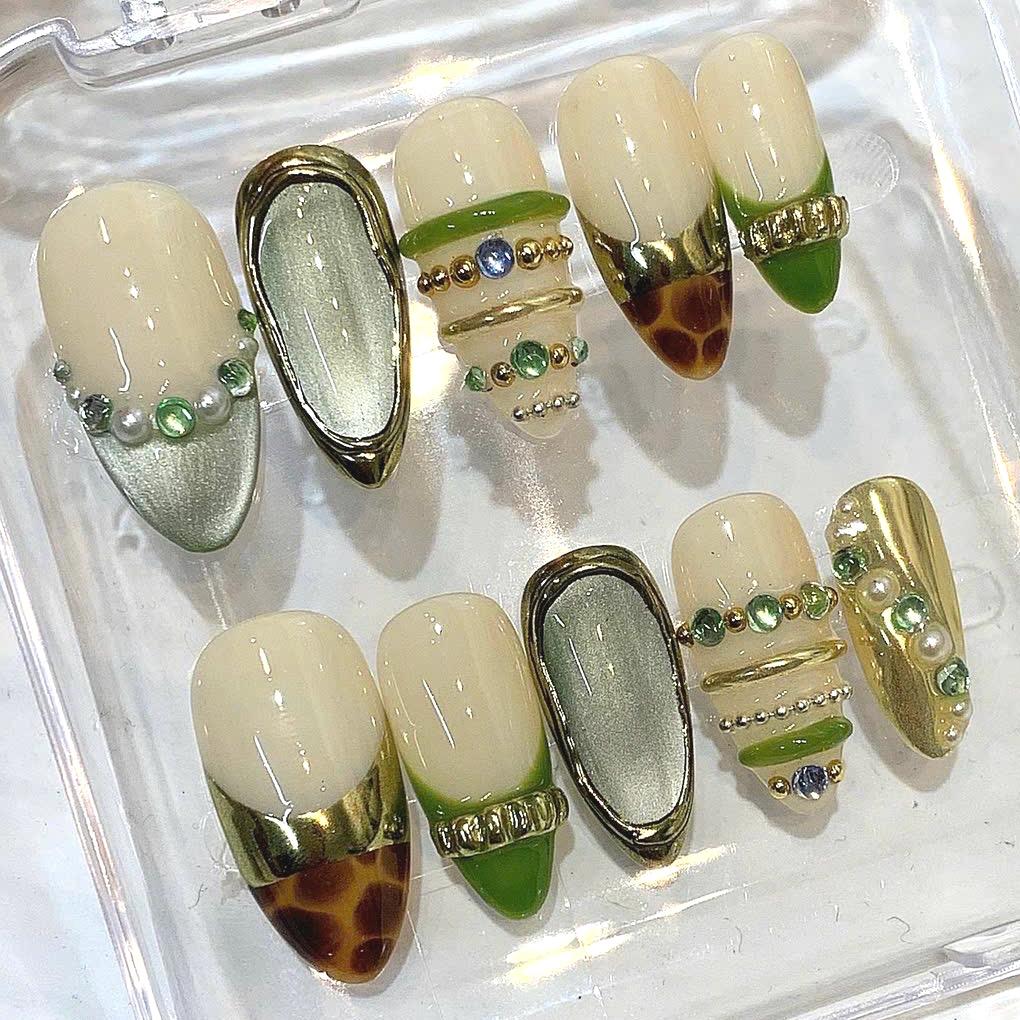 Olive Green Almond Press On Nails | Gold Chrome French Tip, Tortoiseshell, 3D Gemstone Design