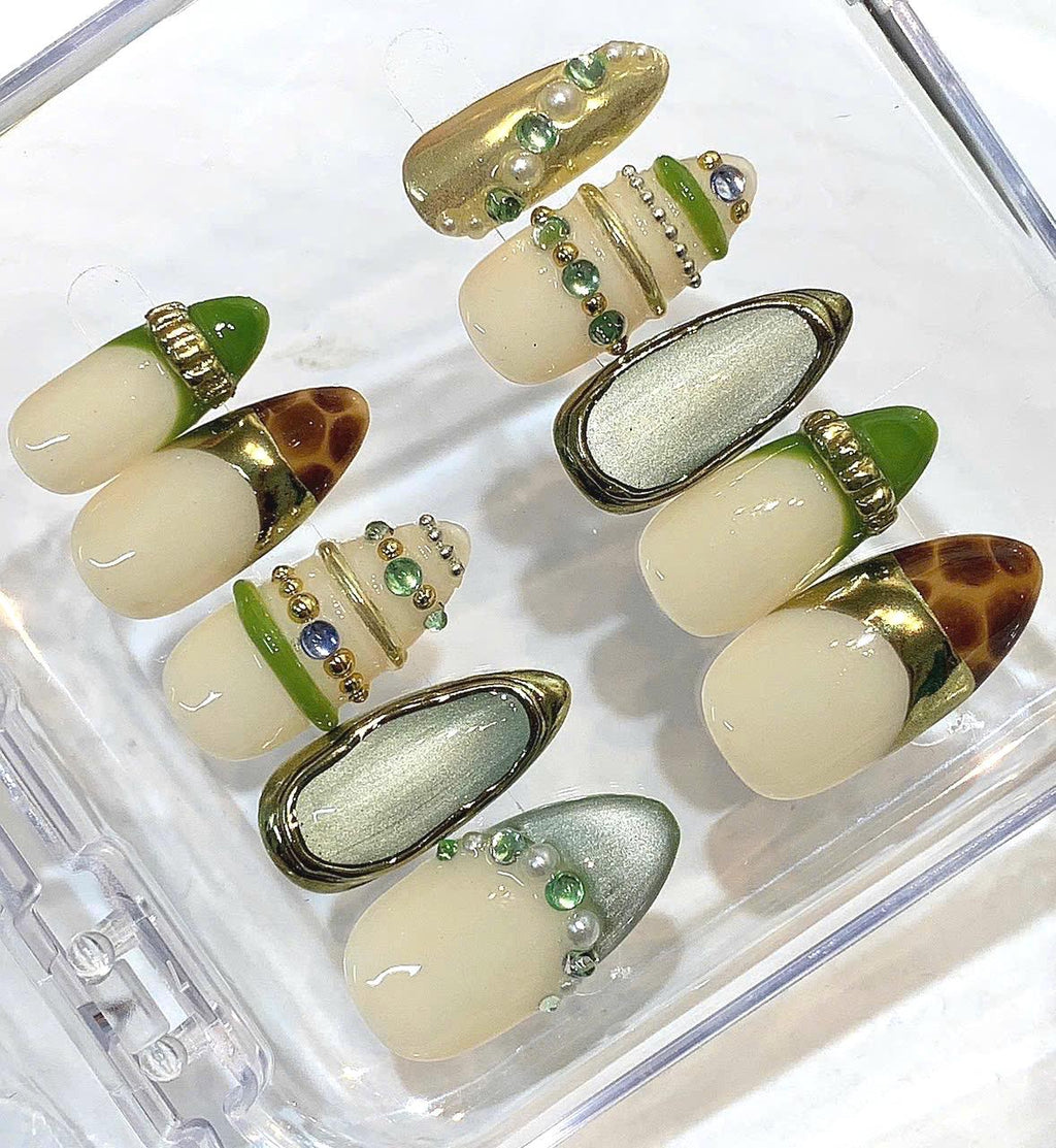 Olive Green Almond Press On Nails | Gold Chrome French Tip, Tortoiseshell, 3D Gemstone Design