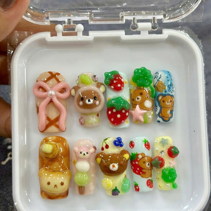 3D Kawaii Strawberry Press On Nails, Cute Bear Dessert Nails, Handmade Gel Nails, Cartoon Nails, Reusable Nail Set