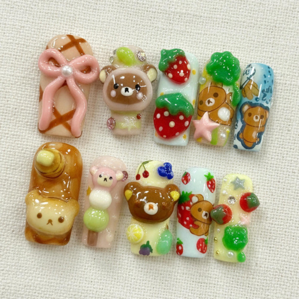 3D Kawaii Strawberry Press On Nails, Cute Bear Dessert Nails, Handmade Gel Nails, Cartoon Nails, Reusable Nail Set