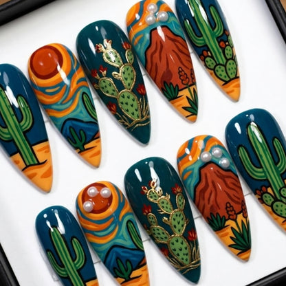 Desert Cactus Press On Nails | Boho Sunset Stiletto Nails | Hand Painted Mountain Nails | 3D Pearl Custom Nails | Trendy Western Nails