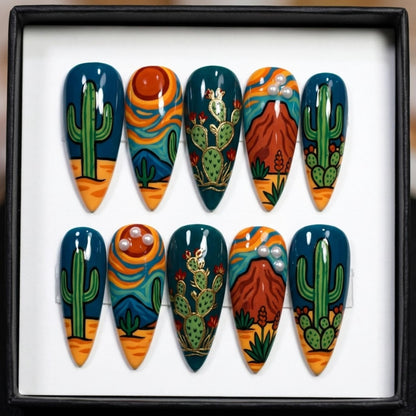 Desert Cactus Press On Nails | Boho Sunset Stiletto Nails | Hand Painted Mountain Nails | 3D Pearl Custom Nails | Trendy Western Nails