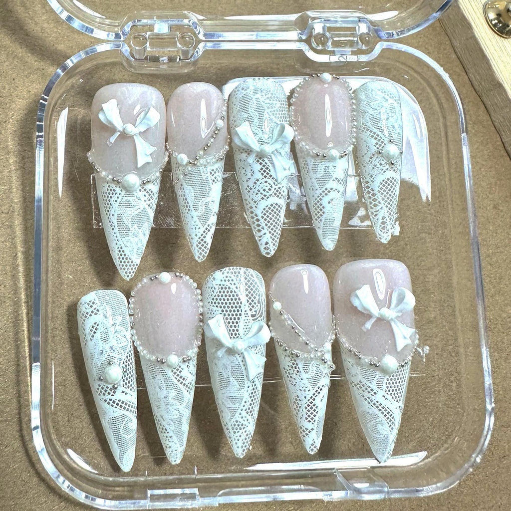 White Lace Bridal Press On Nails | Handmade Elegant Bow Nails | Coquette Long Nails
