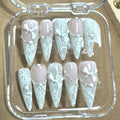 White Lace Bridal Press On Nails | Handmade Elegant Bow Nails | Coquette Long Nails