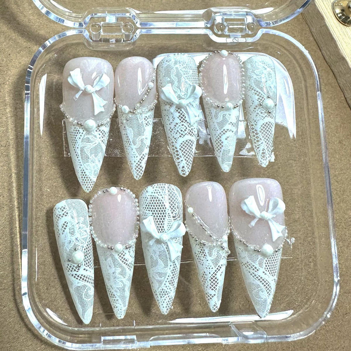 White Lace Bridal Press On Nails | Handmade Elegant Bow Nails | Coquette Long Nails