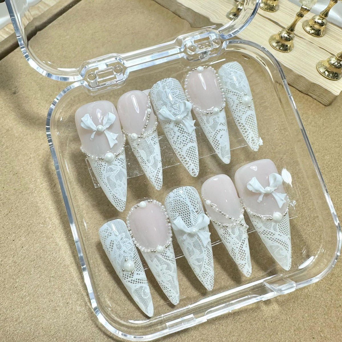 White Lace Bridal Press On Nails | Handmade Elegant Bow Nails | Coquette Long Nails