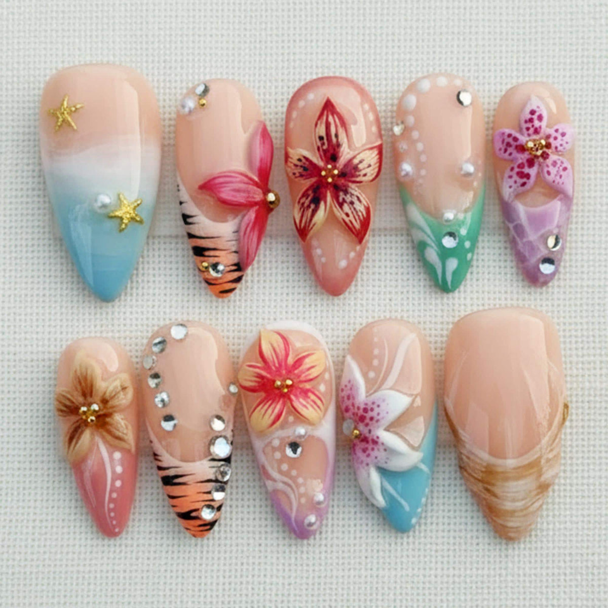 Tropical Summer Press On Nails, 3D Flower Hibiscus Nails, Beach Vacation Nails, Handmade Gel Nails Set