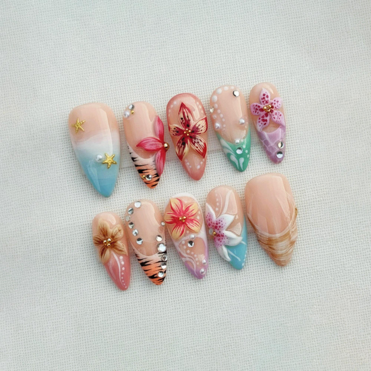 Tropical Summer Press On Nails, 3D Flower Hibiscus Nails, Beach Vacation Nails, Handmade Gel Nails Set