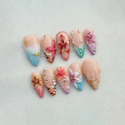 Tropical Summer Press On Nails, 3D Flower Hibiscus Nails, Beach Vacation Nails, Handmade Gel Nails Set