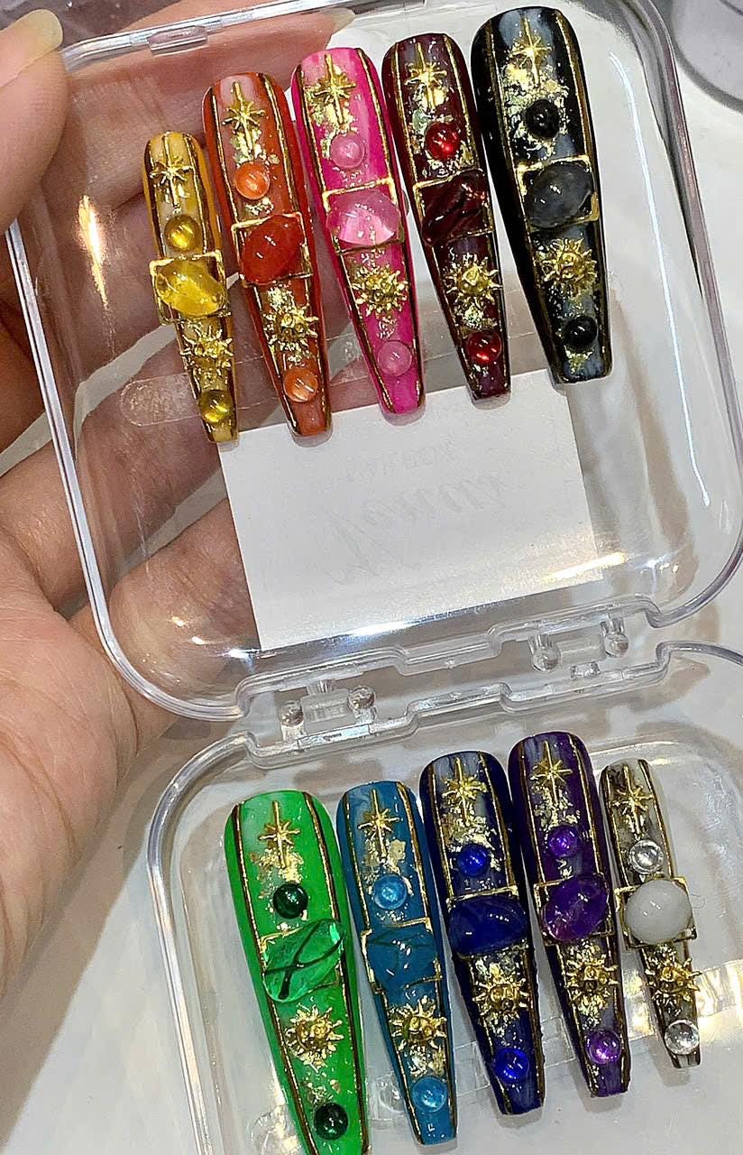 Celestial Gemstone Press On Nails: Handmade Astrology Nail Art with Stars & Crystals