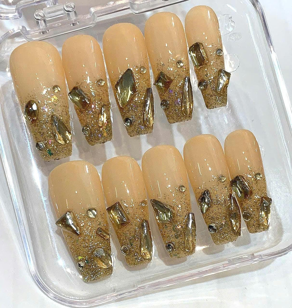 Luxury Gold Crystal Press On Nails | Nude Glitter Nail Set | Chunky Rhinestone Fake Nails