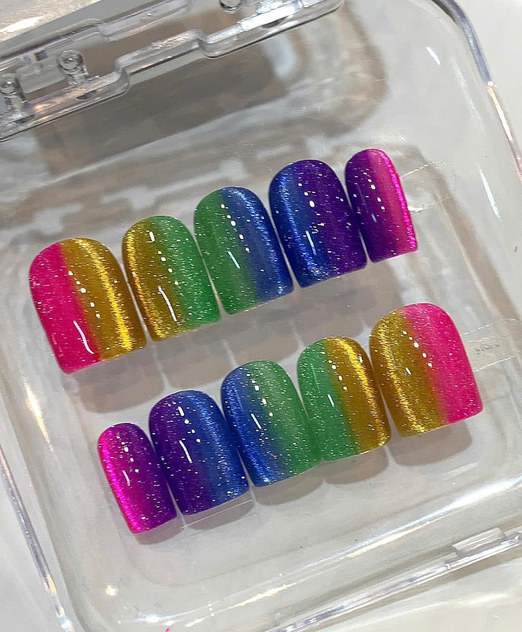 Rainbow Glitter Ombre Press On Nails: Handmade Festival Fake Nail Set