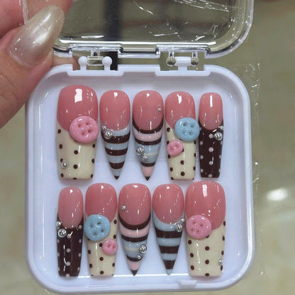 Kawaii Polka Dot Press On Nails, 3D Cute Button Nails, Chocolate Pink Nails, Handmade Gel Nails, Pastel Cute Nails