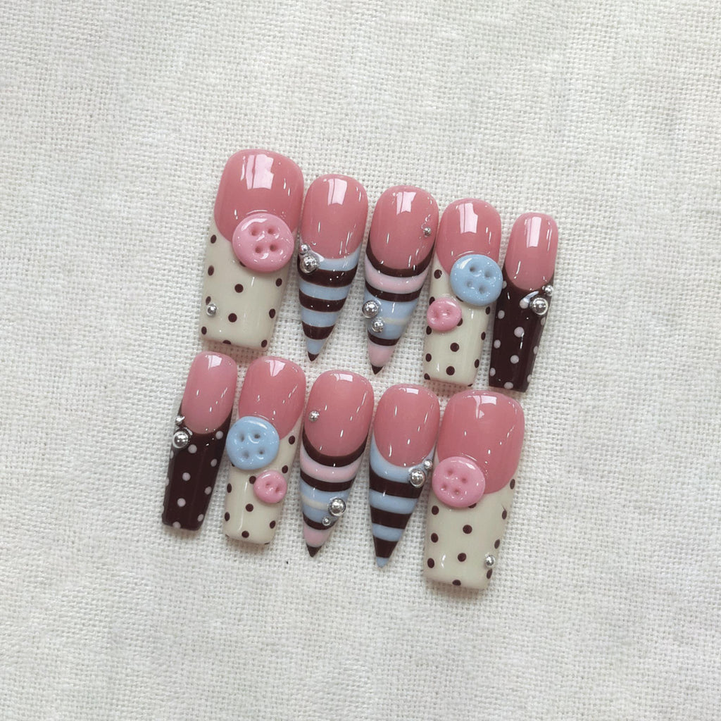 Kawaii Polka Dot Press On Nails, 3D Cute Button Nails, Chocolate Pink Nails, Handmade Gel Nails, Pastel Cute Nails