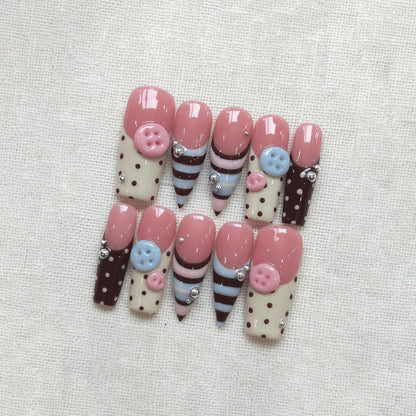 Kawaii Polka Dot Press On Nails, 3D Cute Button Nails, Chocolate Pink Nails, Handmade Gel Nails, Pastel Cute Nails