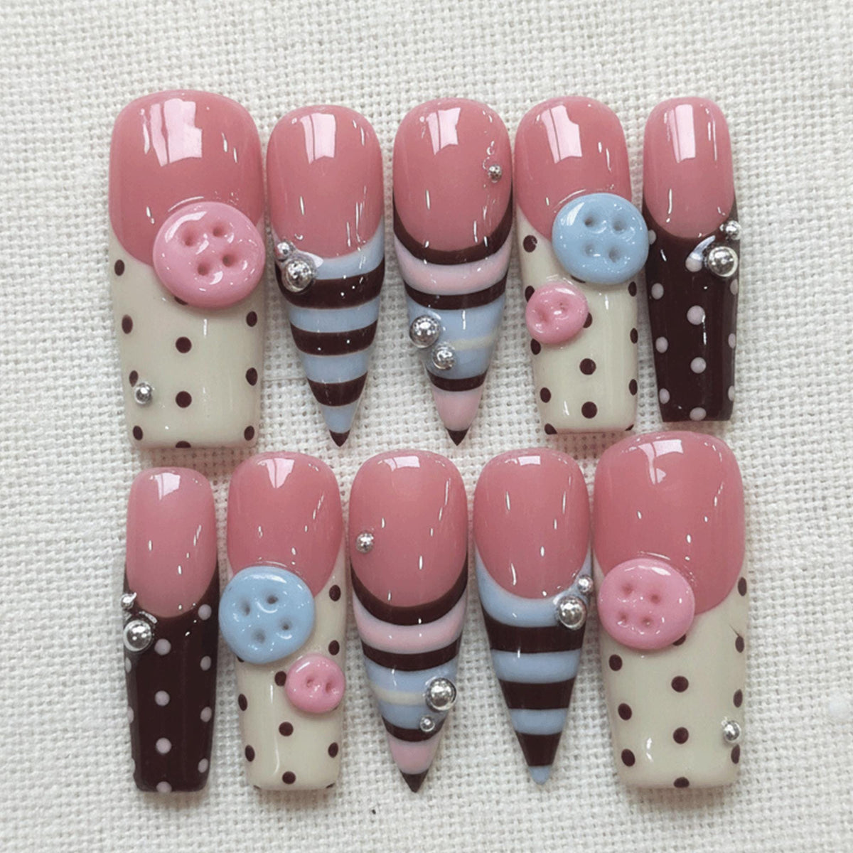 Kawaii Polka Dot Press On Nails, 3D Cute Button Nails, Chocolate Pink Nails, Handmade Gel Nails, Pastel Cute Nails