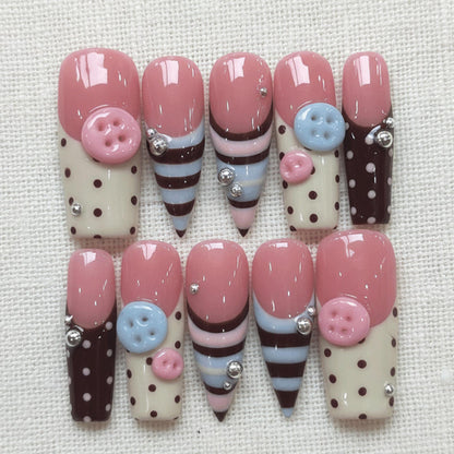 Kawaii Polka Dot Press On Nails, 3D Cute Button Nails, Chocolate Pink Nails, Handmade Gel Nails, Pastel Cute Nails