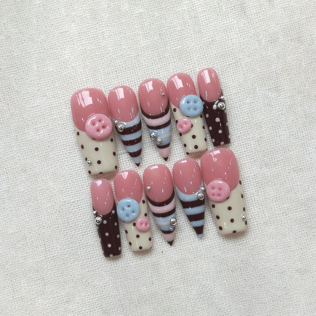 Kawaii Polka Dot Press On Nails, 3D Cute Button Nails, Chocolate Pink Nails, Handmade Gel Nails, Pastel Cute Nails