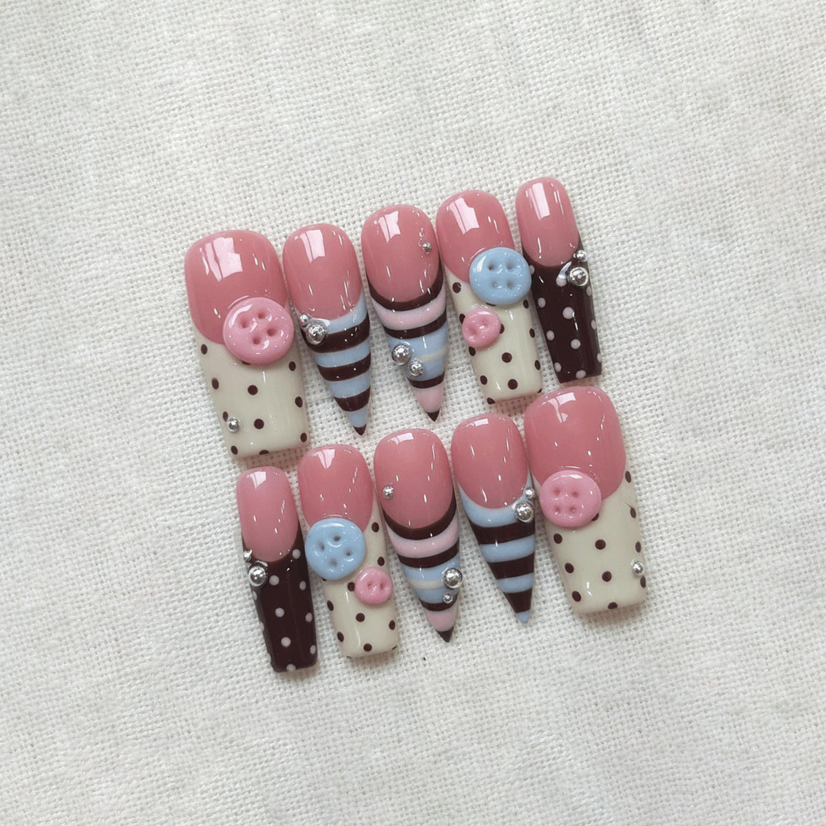 Kawaii Polka Dot Press On Nails, 3D Cute Button Nails, Chocolate Pink Nails, Handmade Gel Nails, Pastel Cute Nails