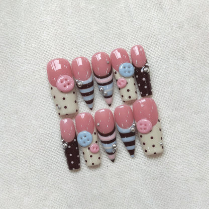 Kawaii Polka Dot Press On Nails, 3D Cute Button Nails, Chocolate Pink Nails, Handmade Gel Nails, Pastel Cute Nails