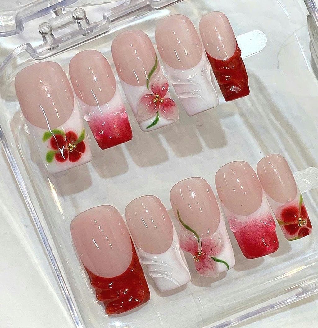 Red Floral Press On Nails – 3D Flower Gel Art, Elegant Pink White Handmade Nails