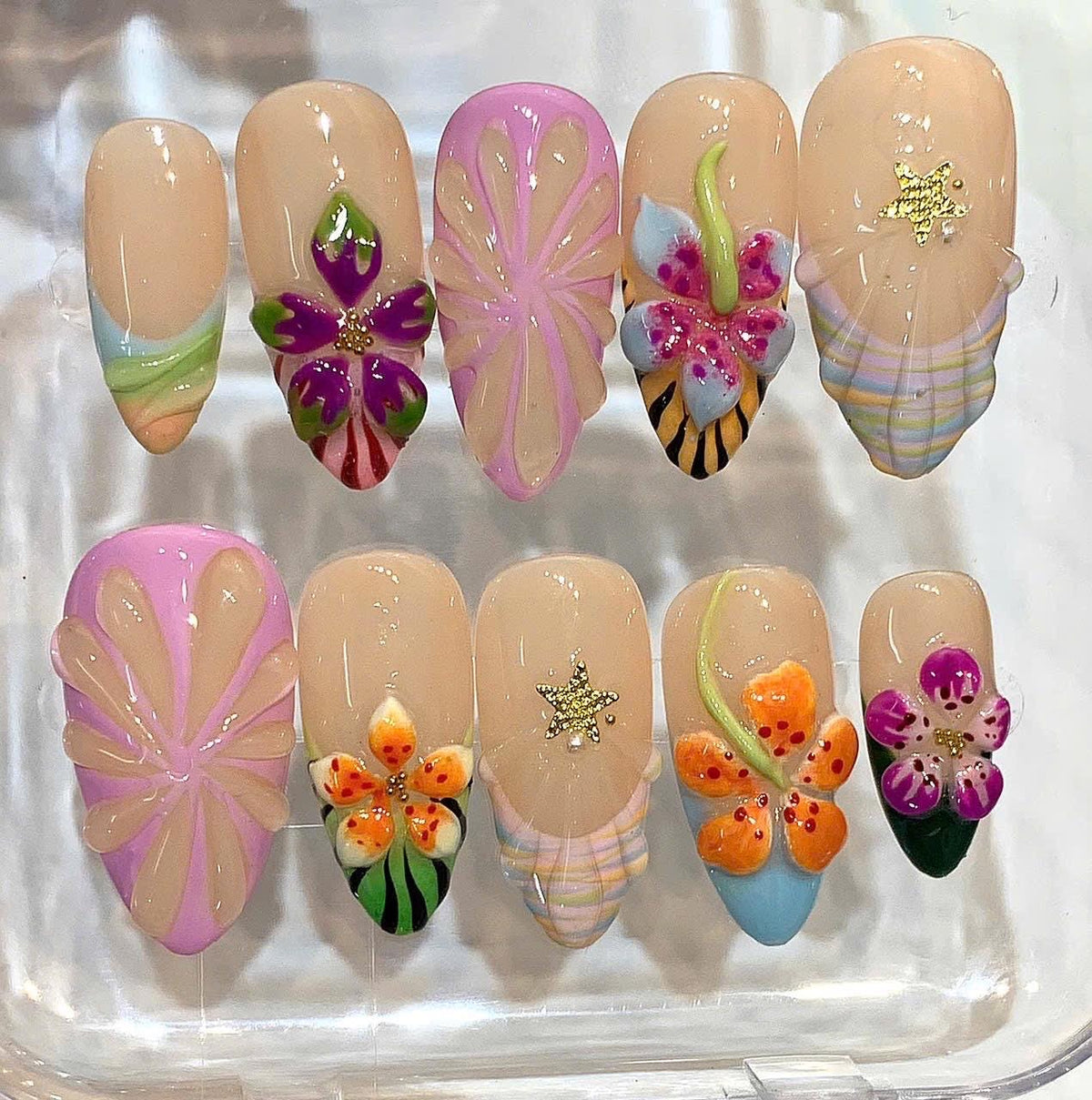 3D Tropical Floral Press On Nails – Summer Blossom Handmade Fake Nails Set