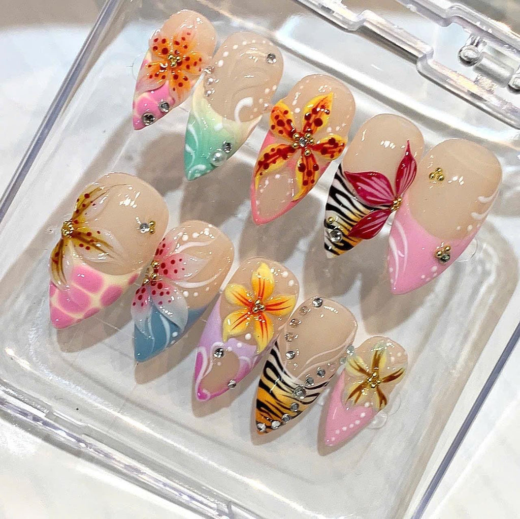 3D Tropical Flower Press On Nails – Safari Floral Nail Art, Handmade Colorful Nail Set