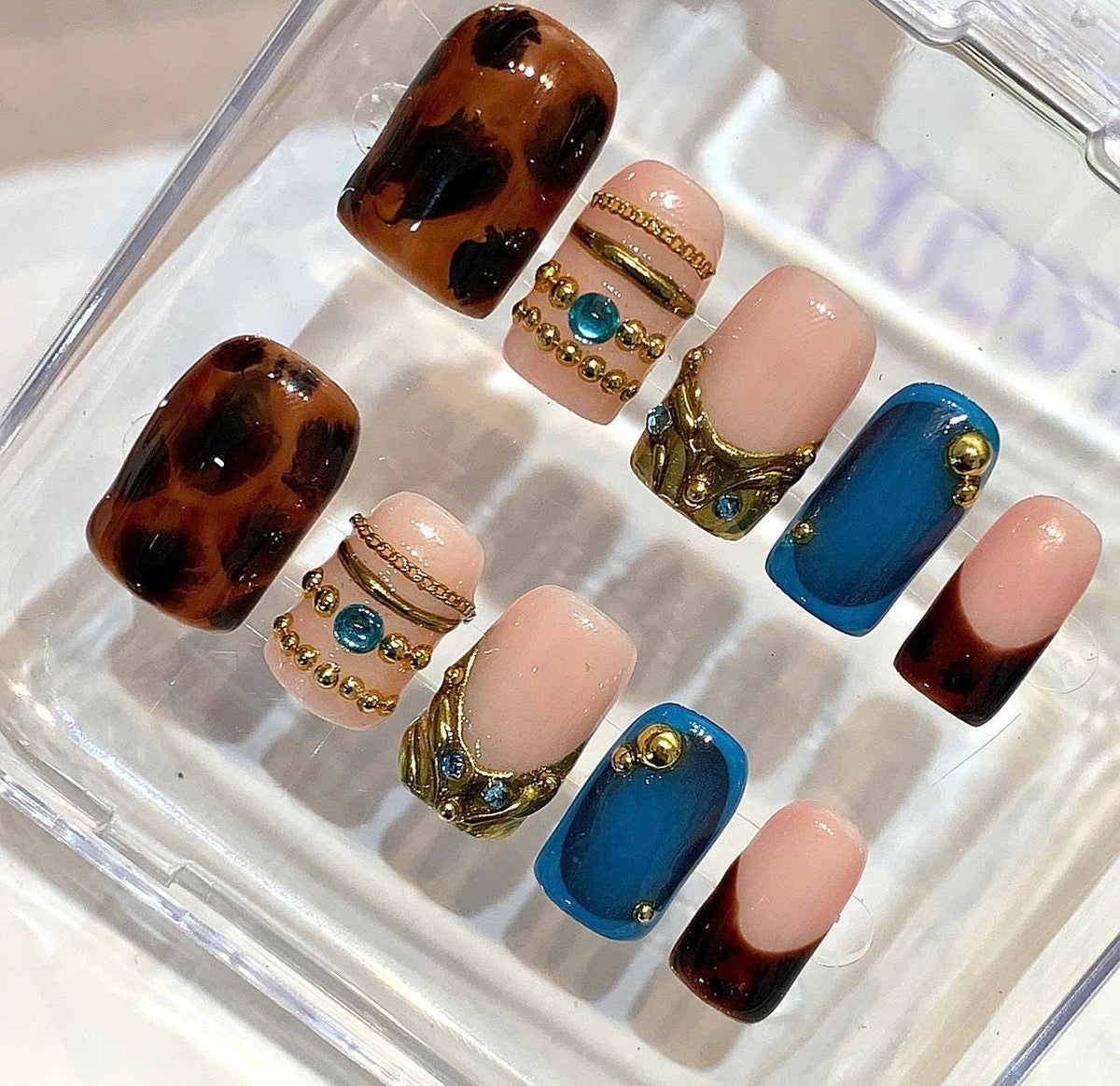 Tortoiseshell Teal Press On Nails | Luxury Gold Charm Gemstone Statement Set