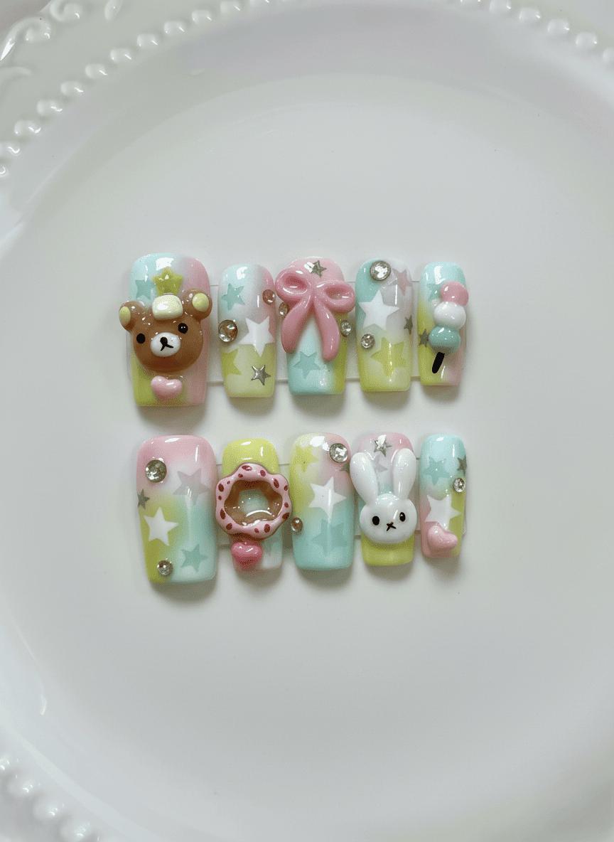3D Kawaii Press On Nails | Bear Bunny Nail Designs | Cute Pastel Summer Nails