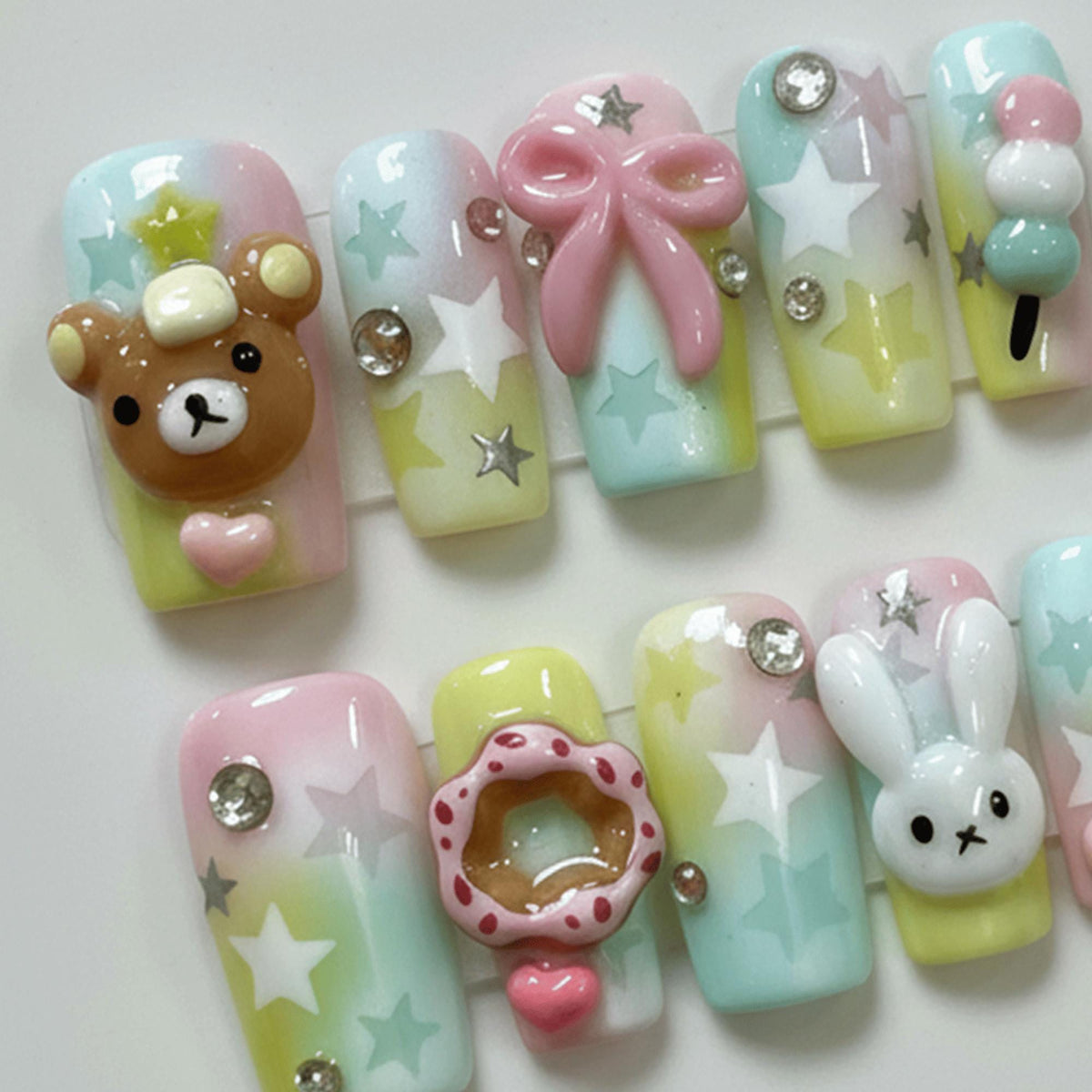 3D Kawaii Press On Nails | Bear Bunny Nail Designs | Cute Pastel Summer Nails
