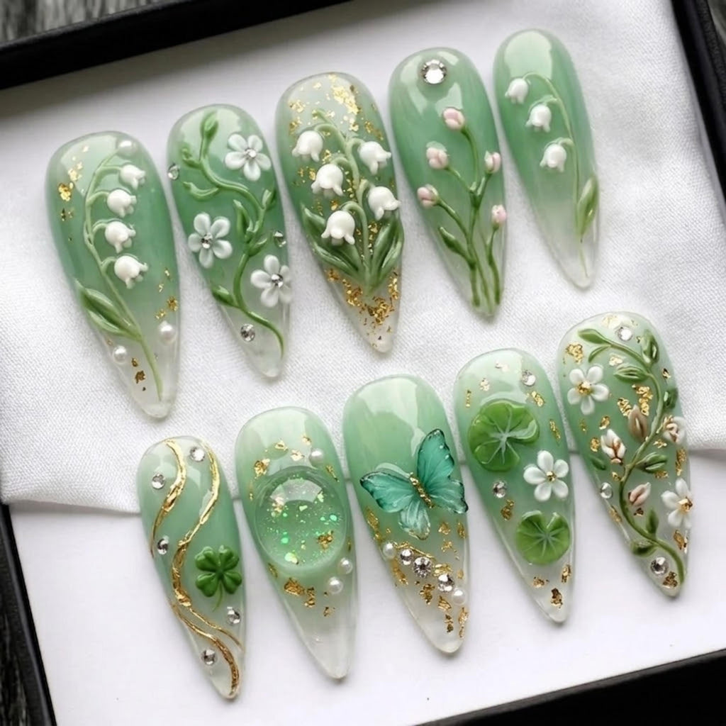 Lily of the Valley Press on Nails | Fairycore Stiletto Nails | 3D Floral Butterfly Nails | Handcrafted 3D Art Nails | Spring Nature Nails