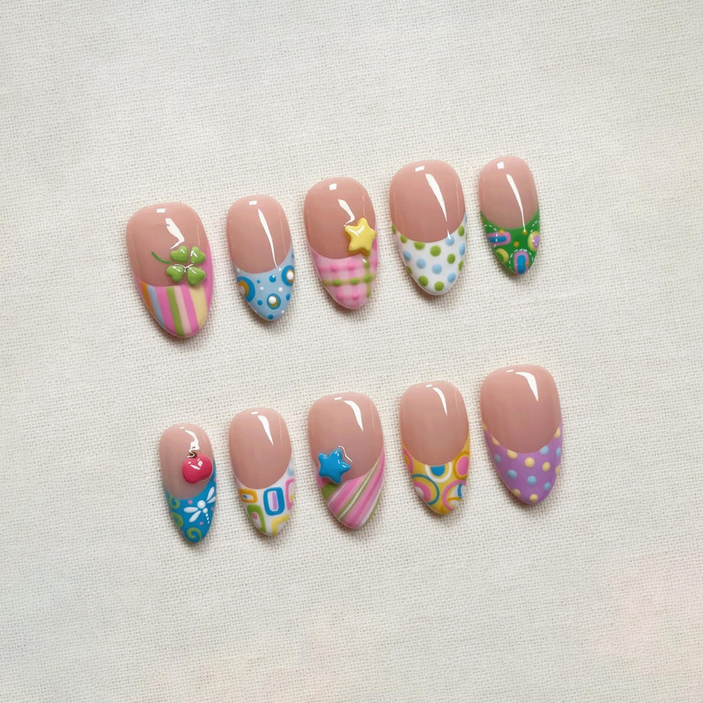 Colorful Retro Press On Nails, Cute Gingham Nails, Pastel Pattern Mix, Polka Dot Stripe Star, Handmade Gel Nails