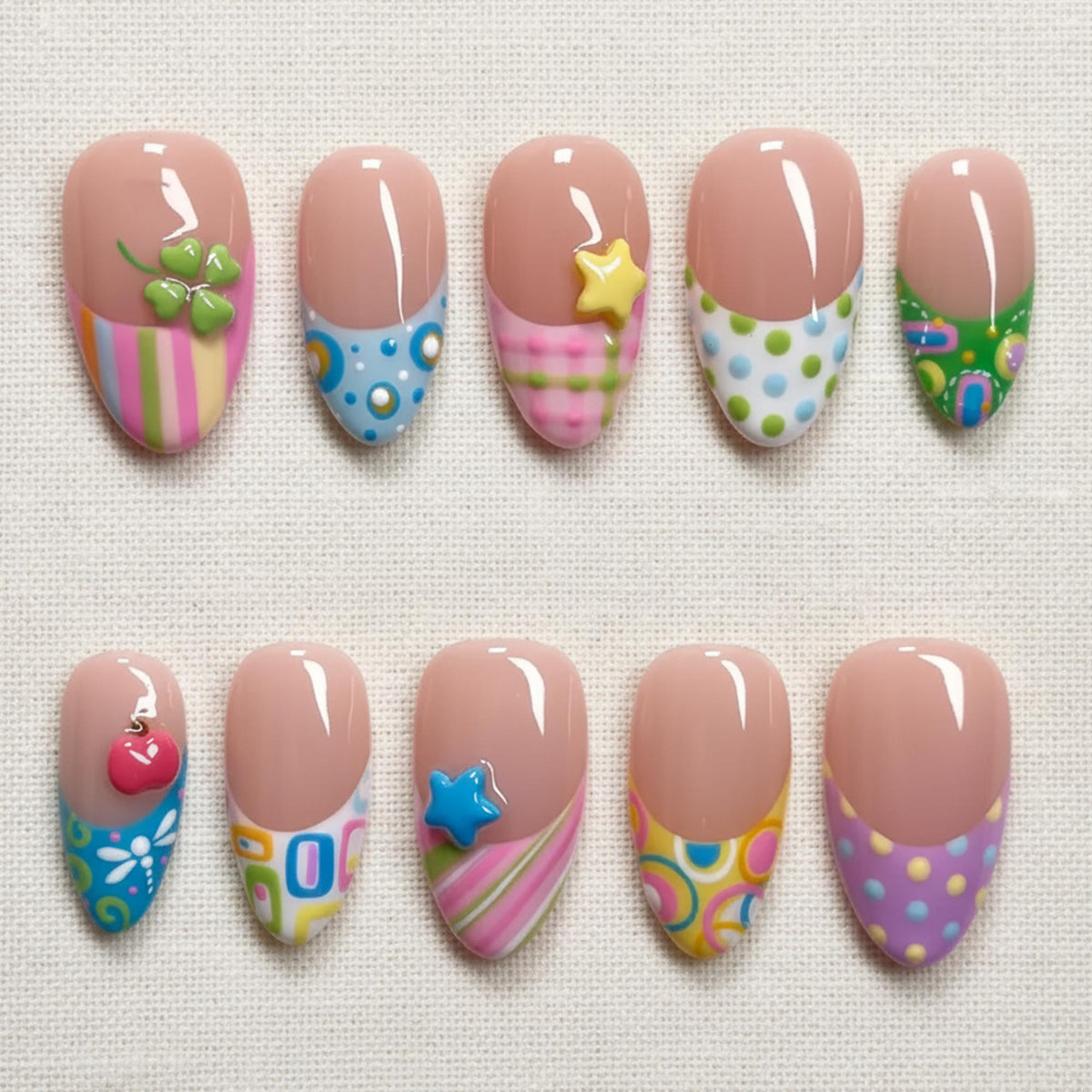 Colorful Retro Press On Nails, Cute Gingham Nails, Pastel Pattern Mix, Polka Dot Stripe Star, Handmade Gel Nails