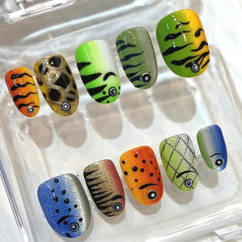 Hand-Painted Fish Press On Nails: Tropical Aquarium Nail Art
