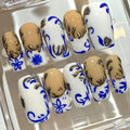 Blue & White Floral Press On Nails: Gold Baroque Accent, Handmade Luxury