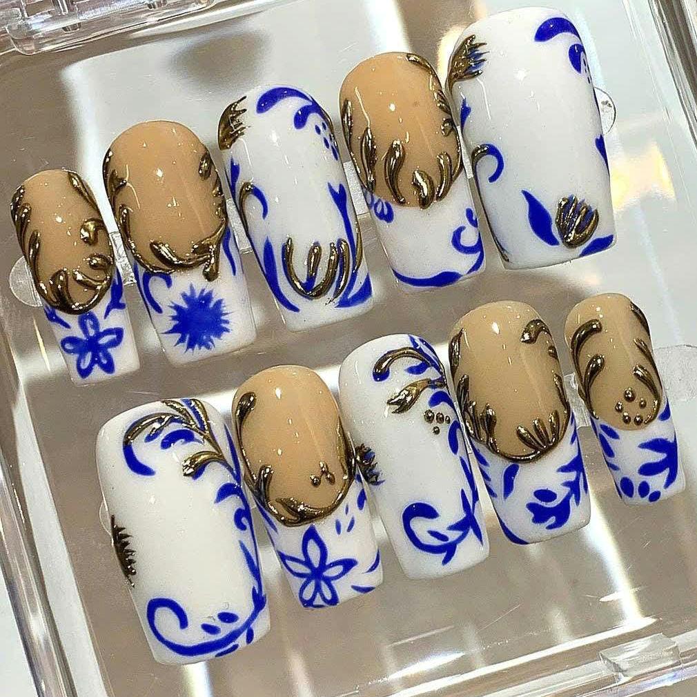 Blue & White Floral Press On Nails: Gold Baroque Accent, Handmade Luxury