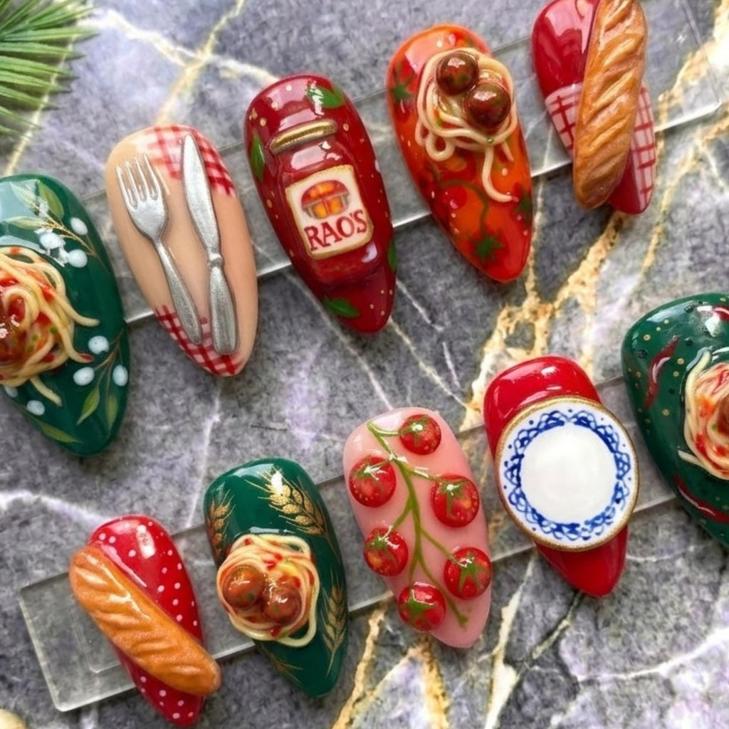 Italian Food Press On Nails | Fun 3D Almond Nail Set | Pasta Tomato Bread Plate Nail Art | Handcrafted Nails | Cute Gourmet Nails