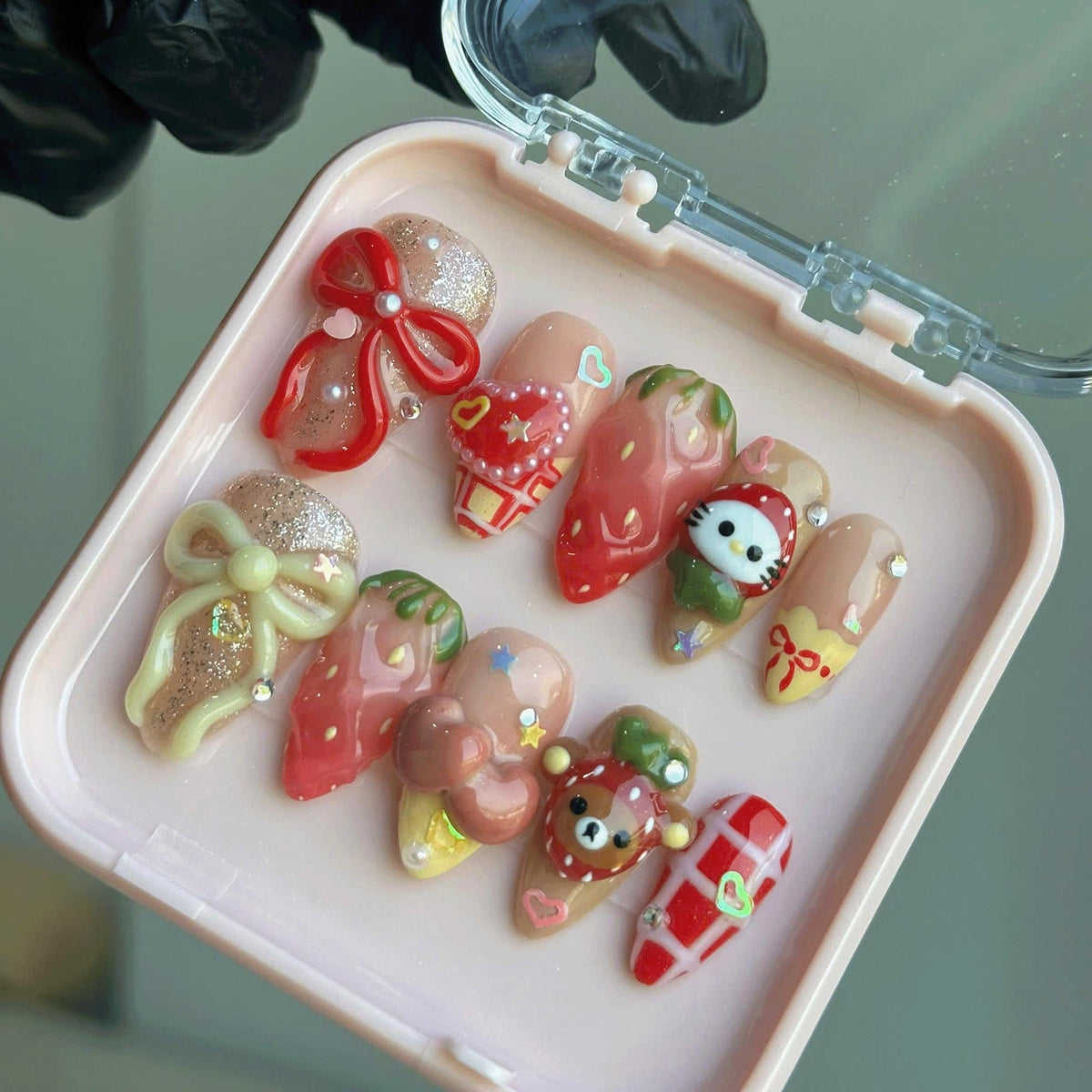 Kawaii Strawberry Press On Nails, 3D Bow Cute Nails, Handmade Reusable Gel Nails, Dessert Nails, Gift for Her