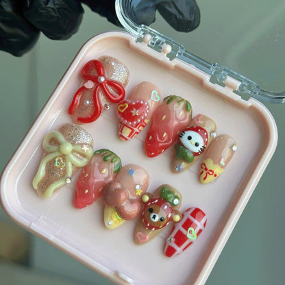 Kawaii Strawberry Press On Nails, 3D Bow Cute Nails, Handmade Reusable Gel Nails, Dessert Nails, Gift for Her