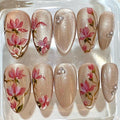 Elegant Floral Nude Press On Nails – Hand-Painted Pink Blossom Nails